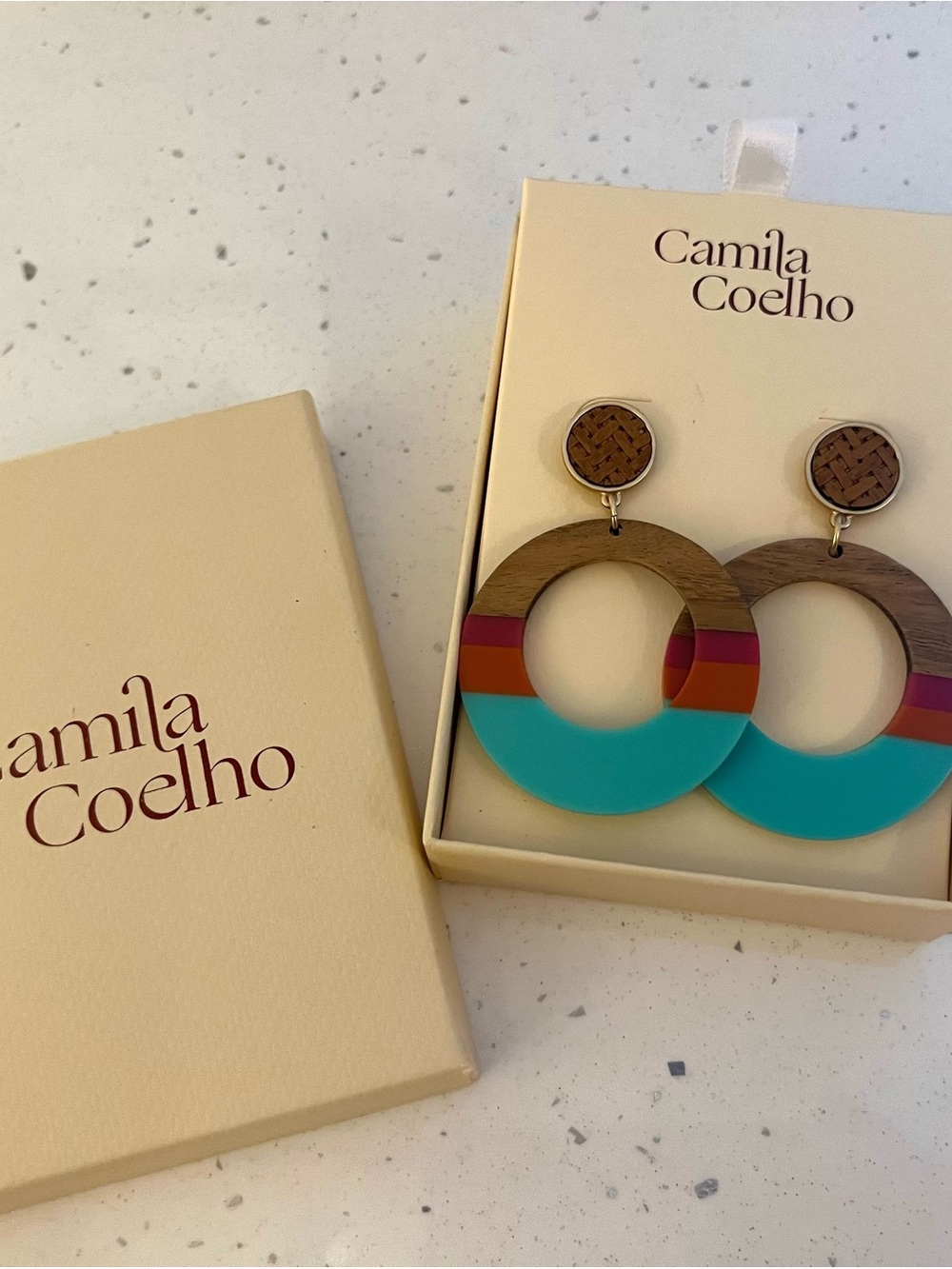 Camila Coelho Turquoise, Brown and Pink Stripe Hoop Earrings